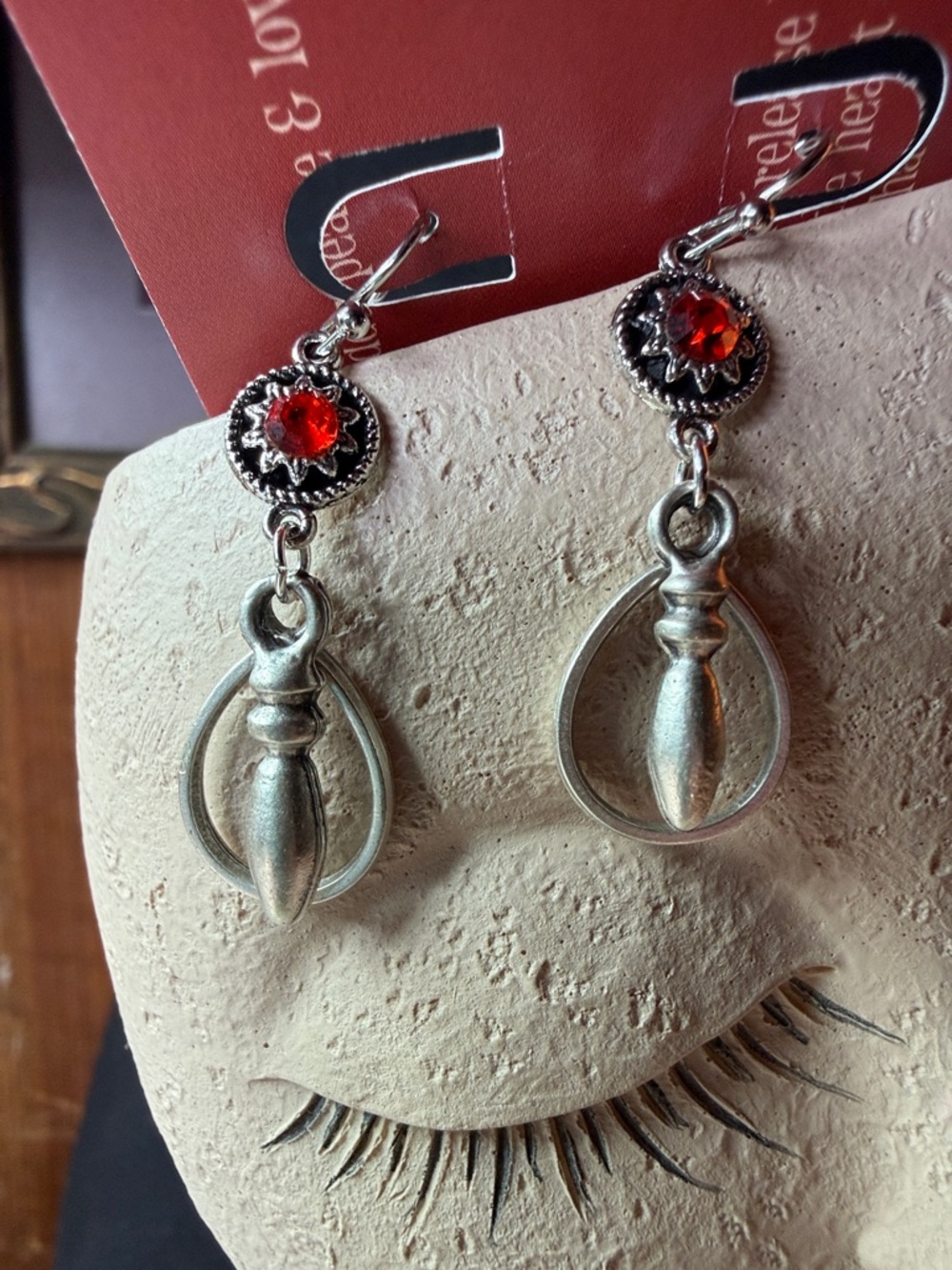Sterling-Effect Silver Drop Earrings with Red Crystal Accent